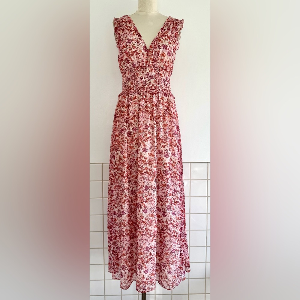 Banana Republic Red,Pink, Purple Mini Floral Maxi Dress Fully Lined Sz: 10 NWT
